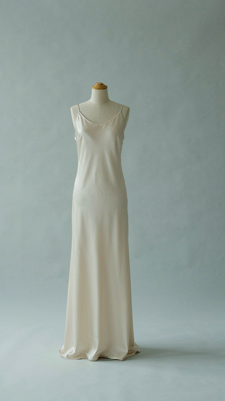 A minimalist silk charmeuse gown on a mannequin in a bright studio.