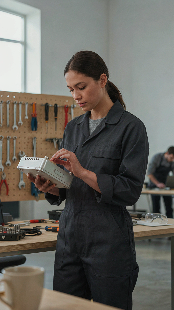 An engineer inspecting a multi-functional component.