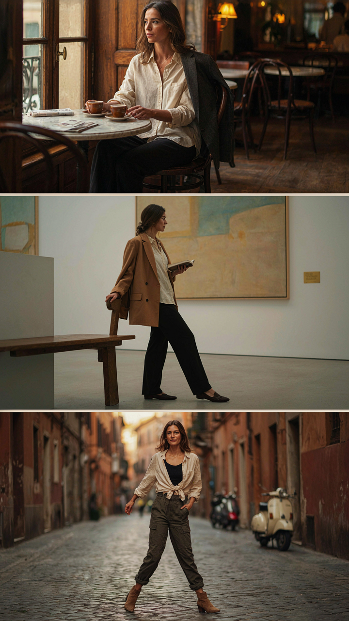 A woman wears the same linen shirt styled differently in three city scenes.