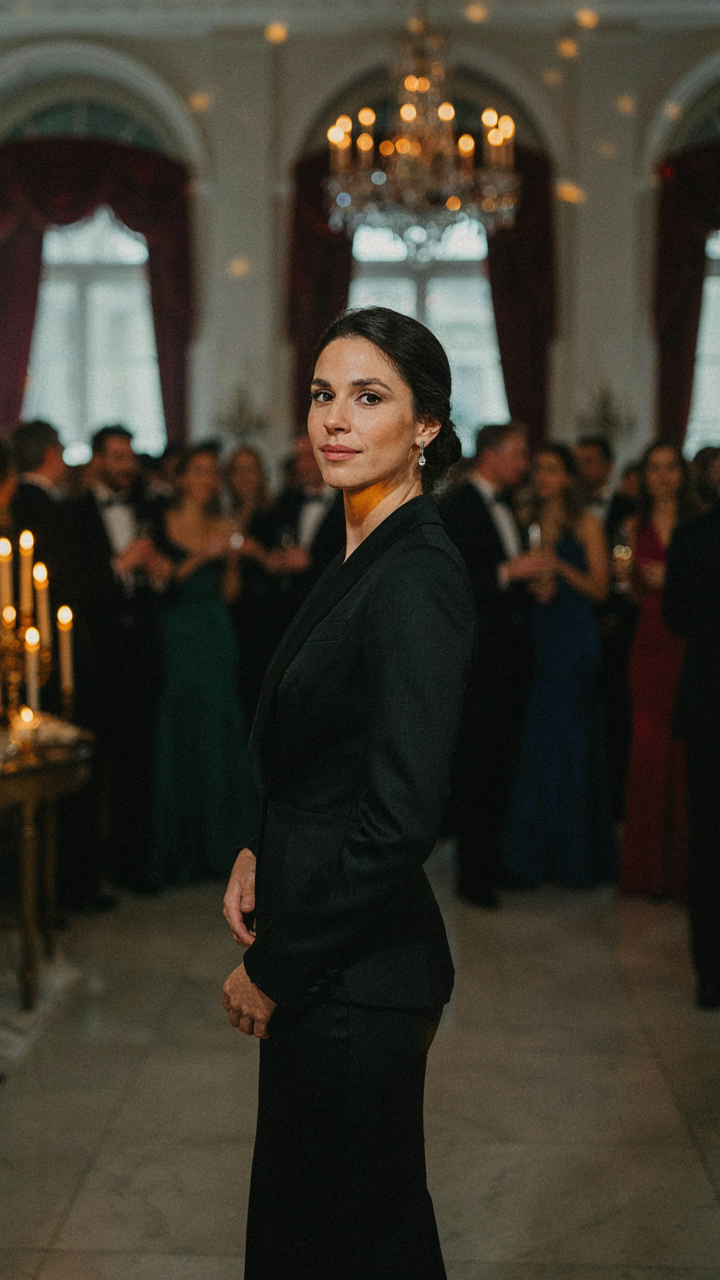 A person in a well-fitted tuxedo dress stands at a formal evening event.