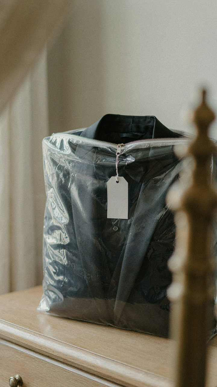 A black tuxedo is folded neatly inside a garment bag with a price tag.