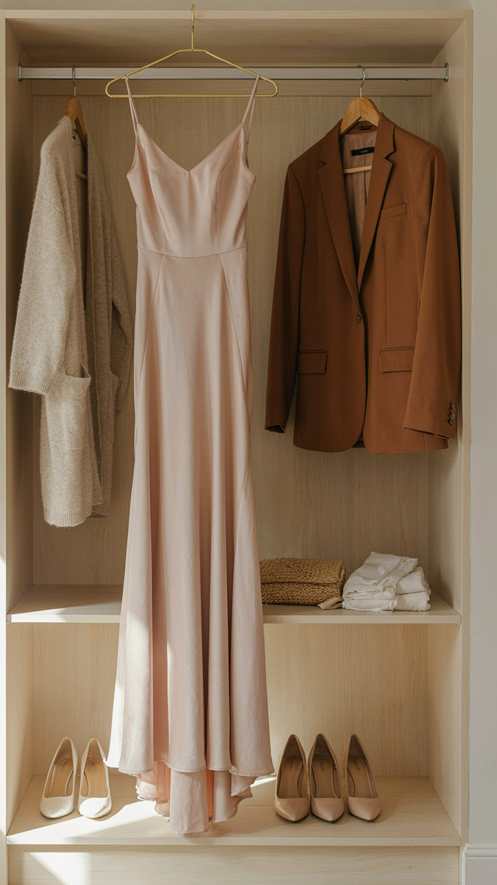 A silk maxi wedding guest dress hangs with accessories in a closet.