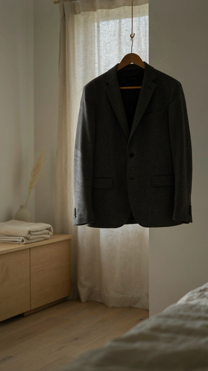 A durable charcoal wool blazer hangs on a wooden hanger, symbolizing timeless quality.