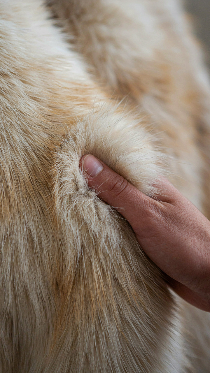 A hand presses a thumb into the dense pile of a faux fur coat.