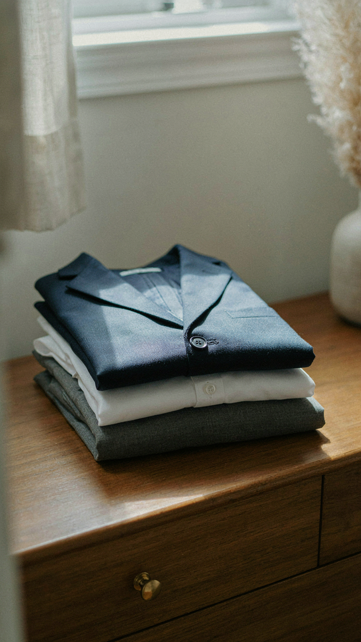 A navy blazer, white shirt, and gray trousers neatly stacked on a dresser.
