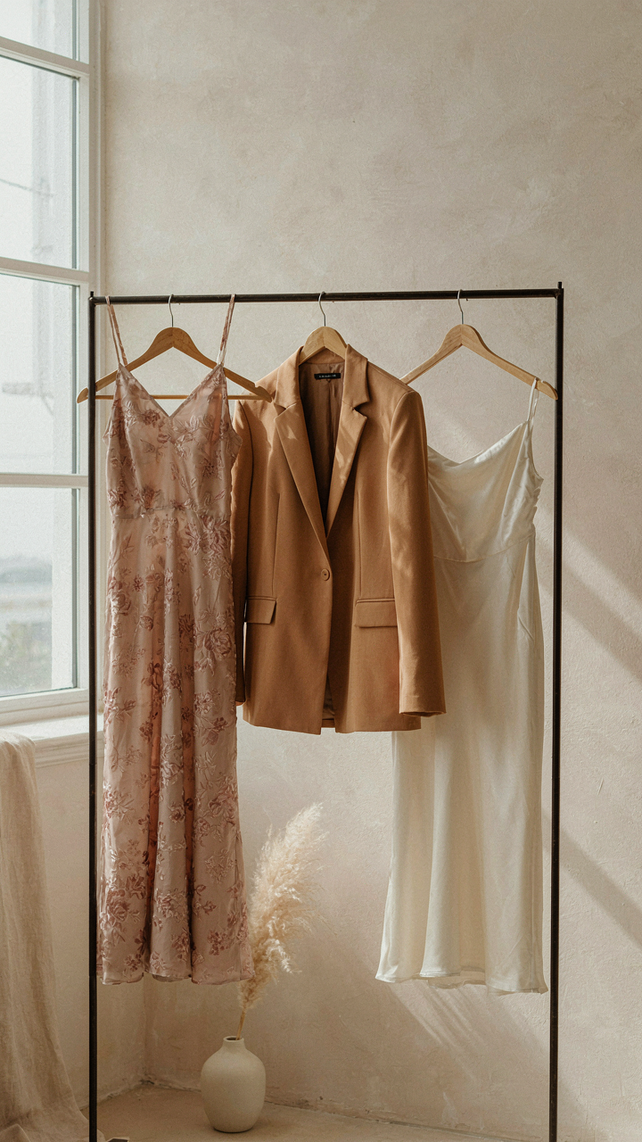 A capsule wardrobe with a romantic style wedding guest dress, blazer, and slip skirt.