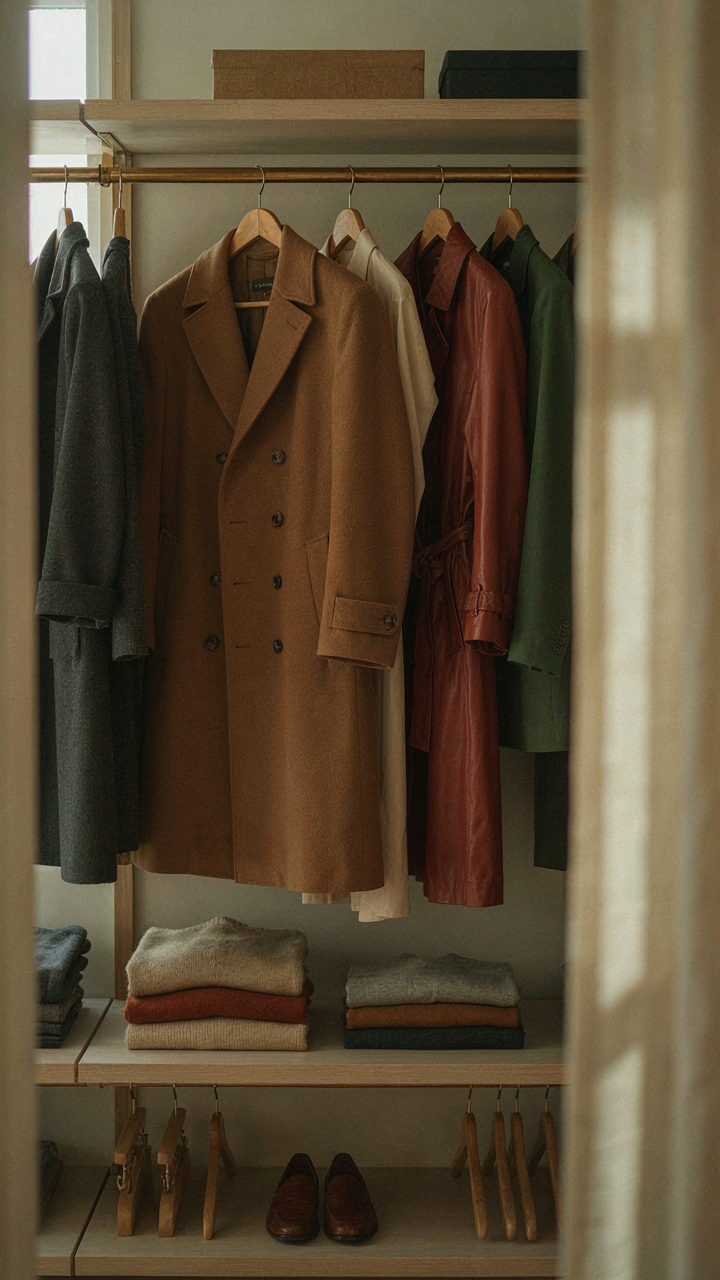 A well-maintained wool blend winter coat hangs in an organized closet.