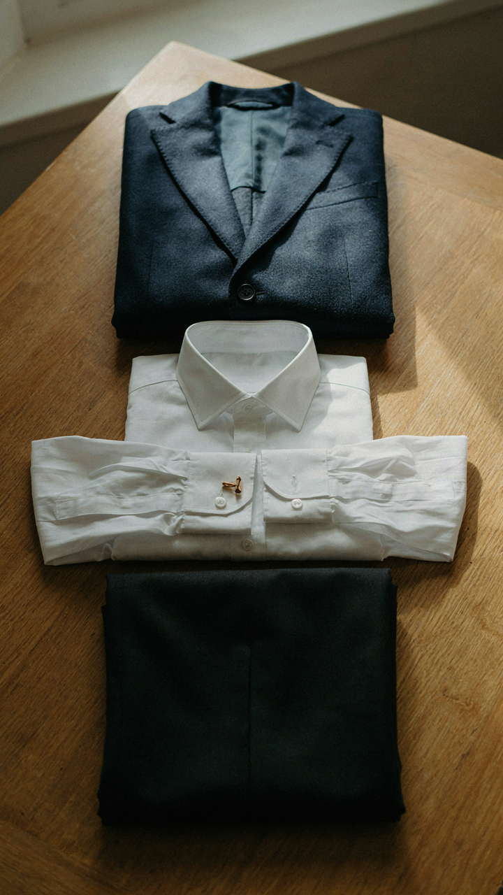 A navy wool blazer, white dress shirt, and black trousers neatly folded.