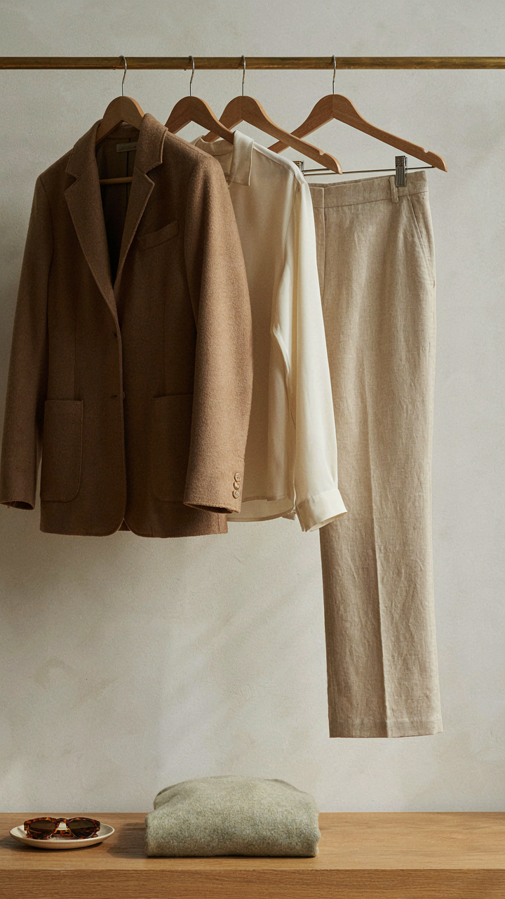 A neatly organized capsule wardrobe with high-quality natural fiber garments.