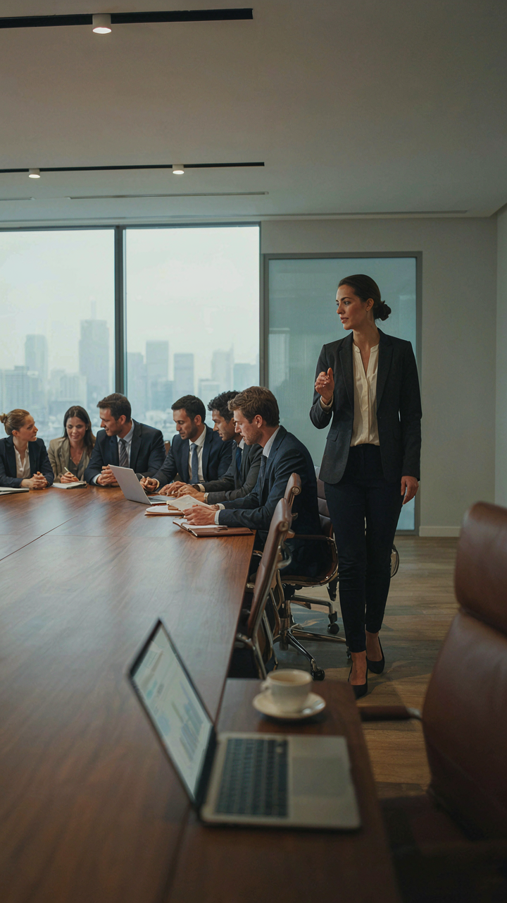 A businessperson confidently presents at a board meeting, wearing a sophisticated outfit.