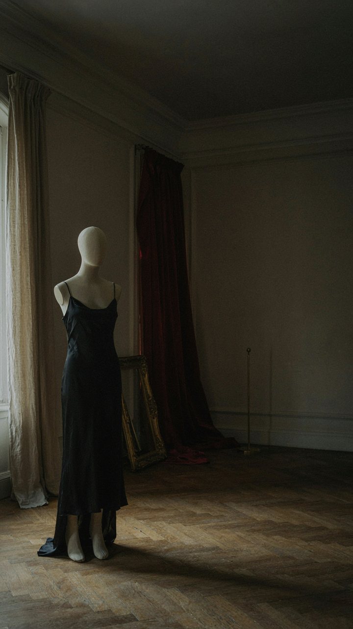A black dress on a mannequin recedes into the shadows of an elegant room.
