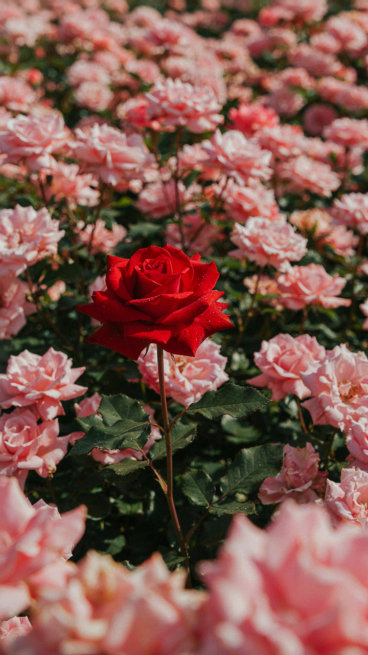 A single red rose stands out among many pale pink roses.