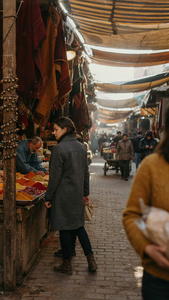 A person in neutral clothing blends into a crowd at a foreign market.