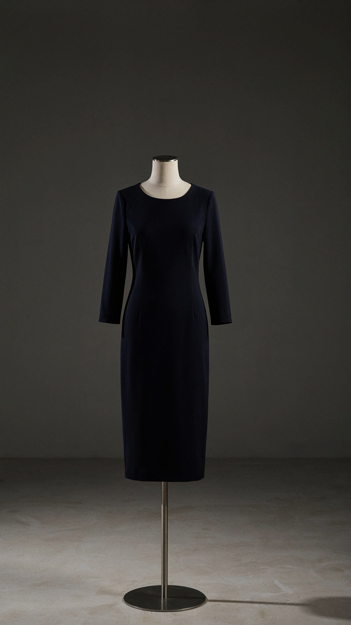 A perfectly tailored navy dress on a mannequin in a high-end boutique window.