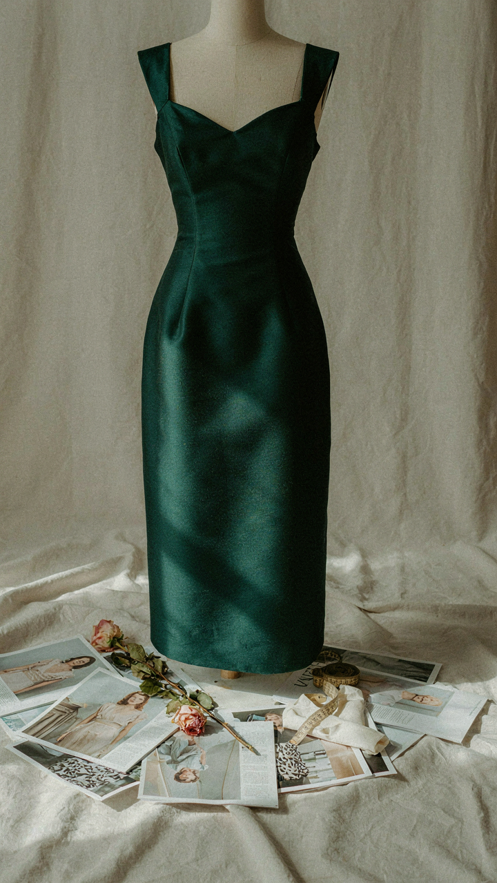 A cocktail dress on a mannequin surrounded by crumpled fashion magazine pages.