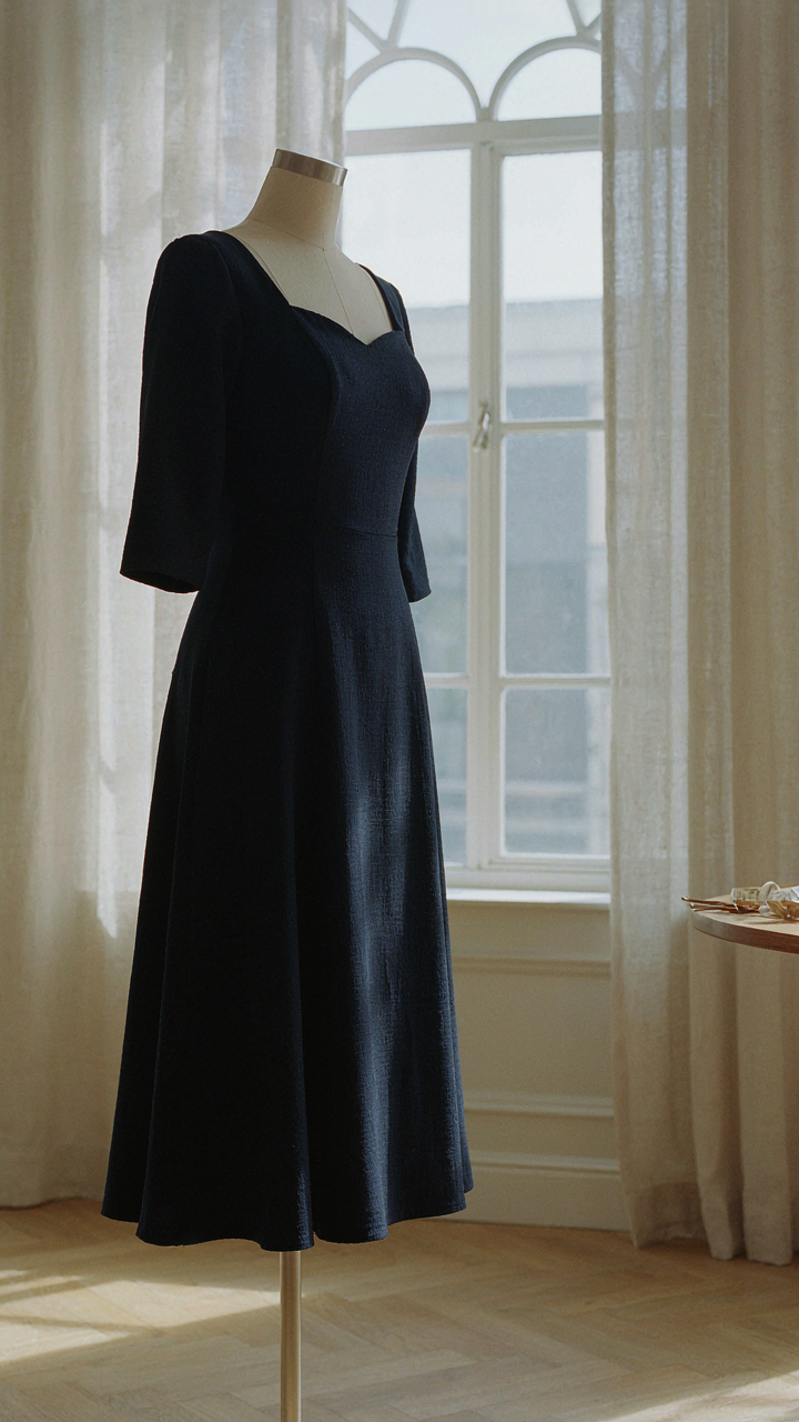 A navy wool crepe cocktail dress on a dress form.