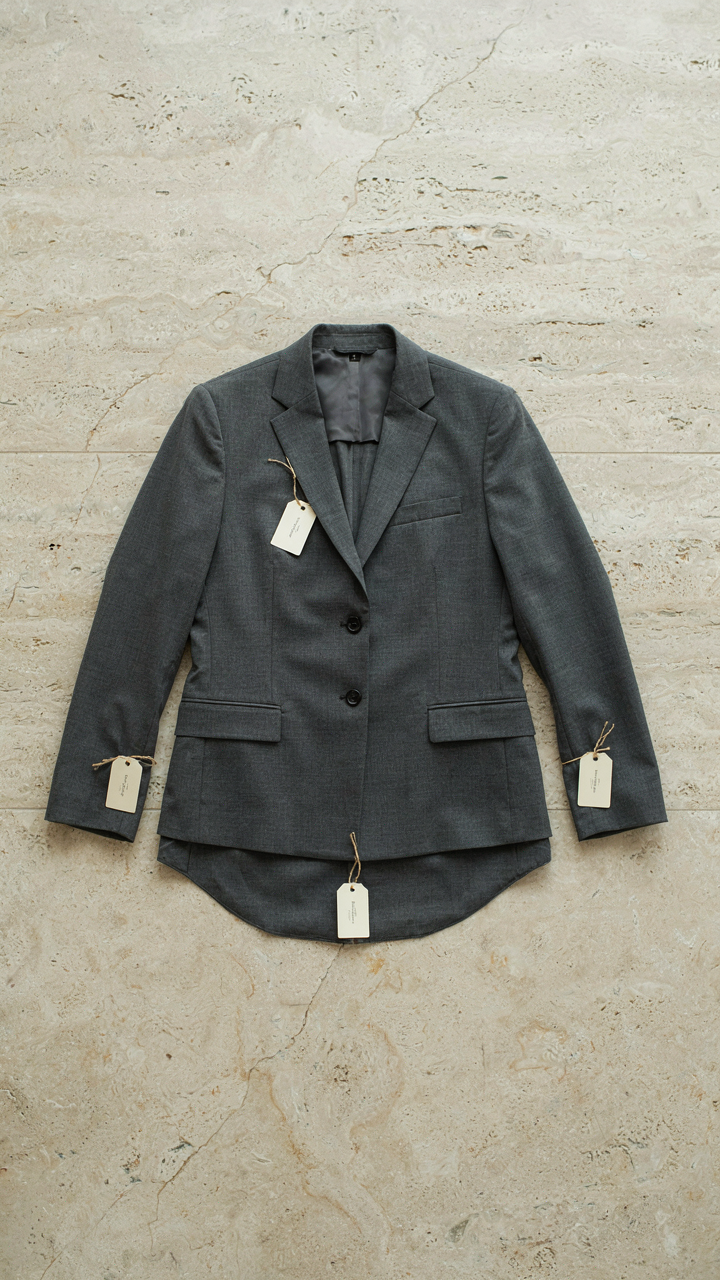 A structured blazer is labeled for different activities like dinner and galleries.