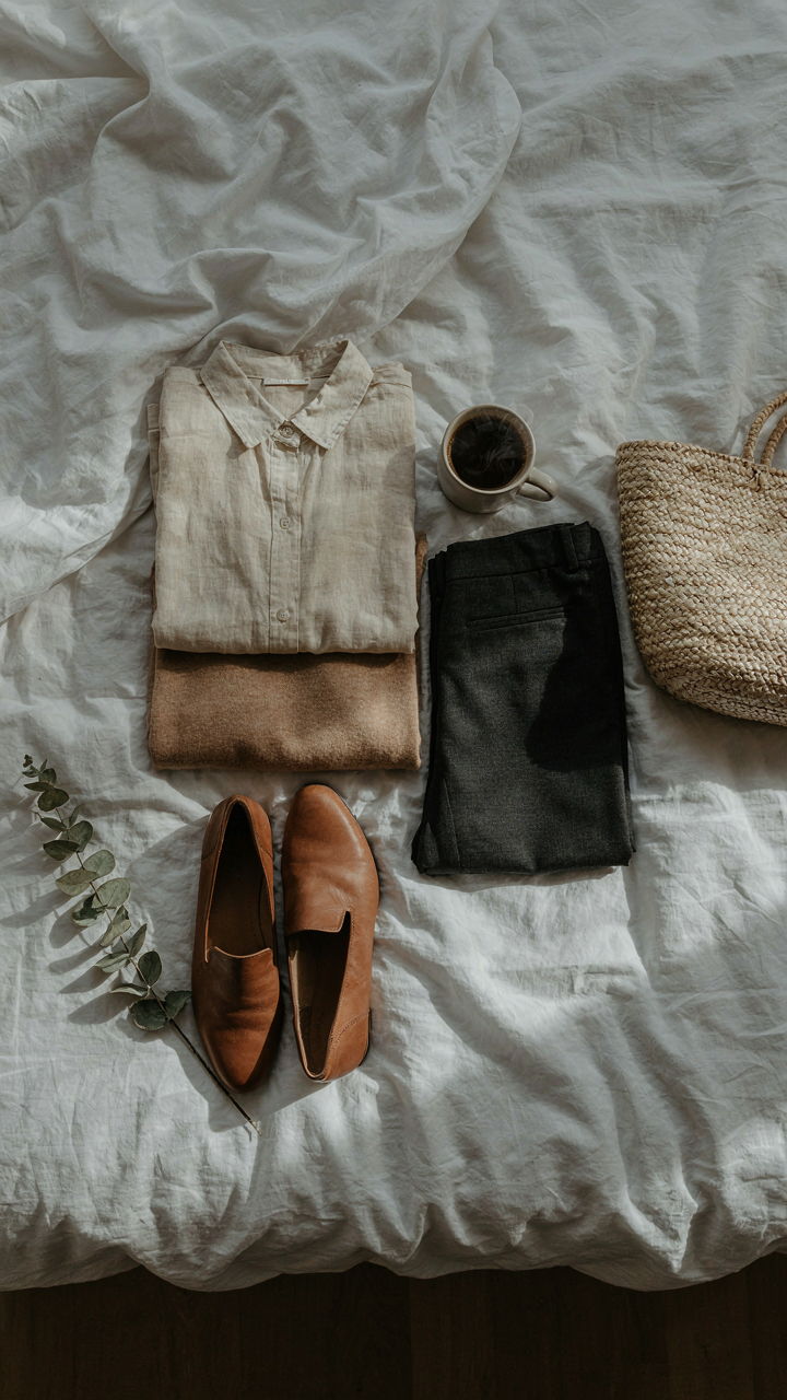A small collection of neutral-colored clothes neatly packed for a trip.