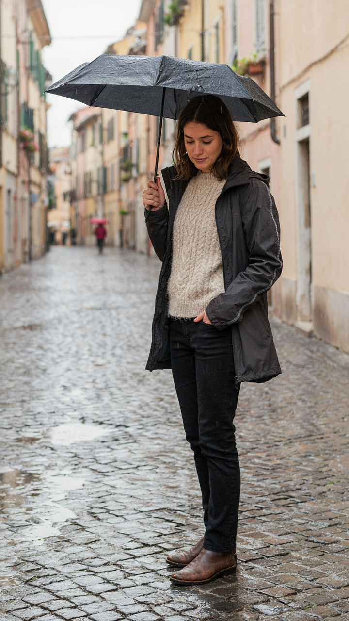 A person holds an umbrella over a wool sweater and jacket during a light rain shower.