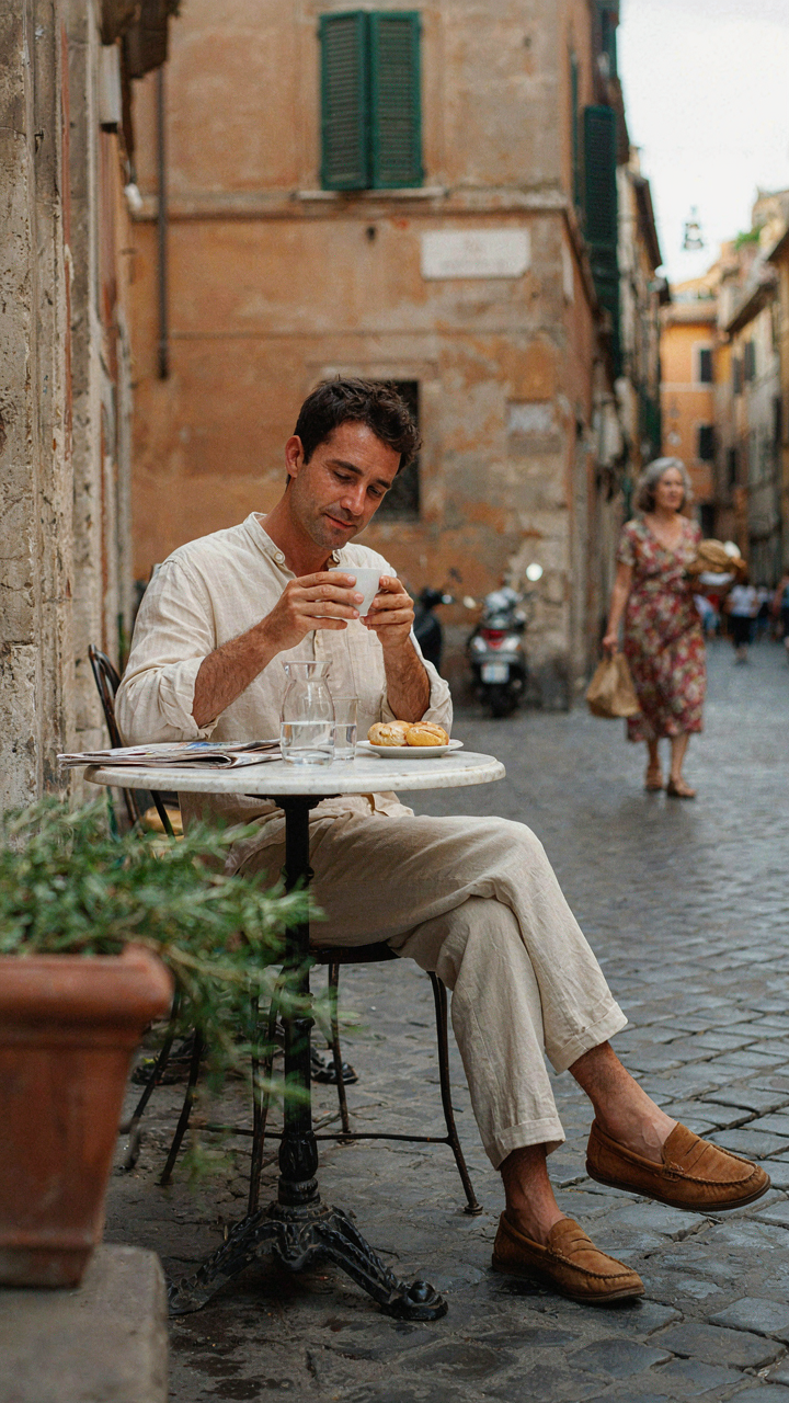 An Italian local in loose, light clothing sips espresso at an outdoor cafe.