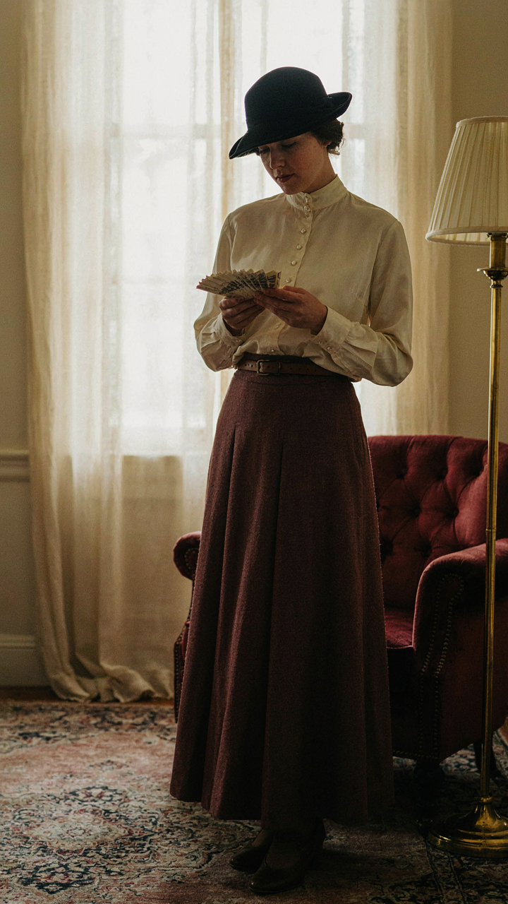 A woman wearing a cloche hat that casts shadows on her face.
