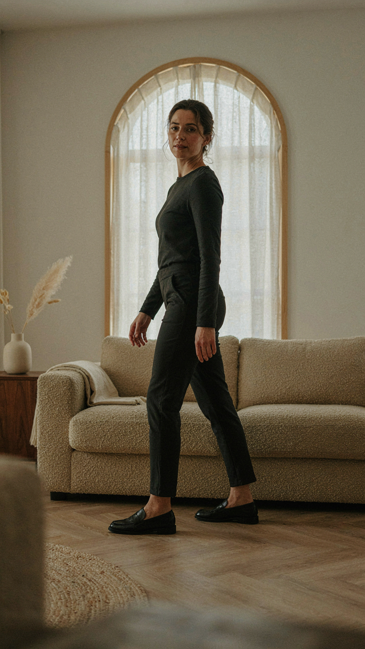 A woman in a dark jumpsuit tests her movement by sitting and standing.