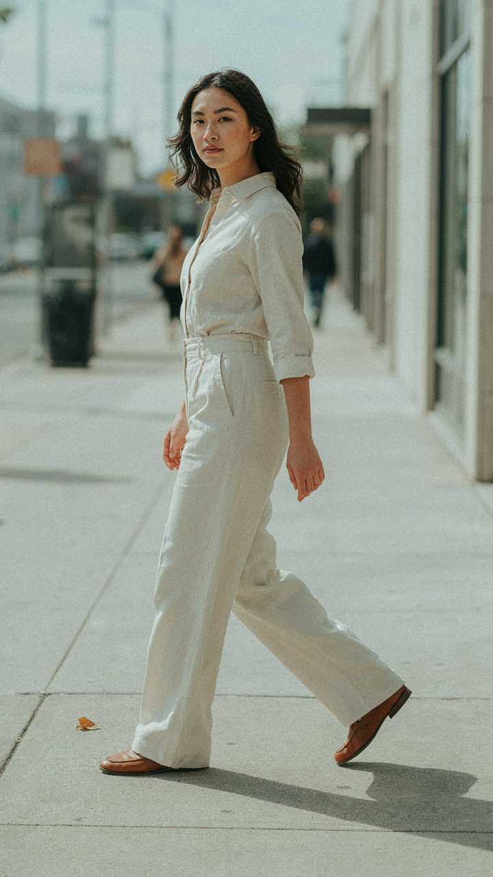 A woman in a jumpsuit captured mid-stride, showing dynamic movement.