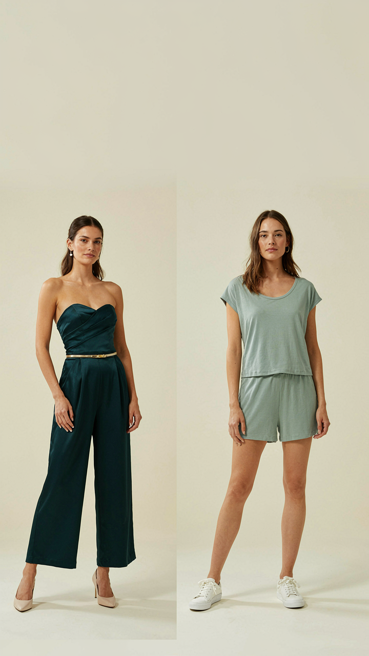 A side-by-side view comparing a long strapless jumpsuit and a short romper.