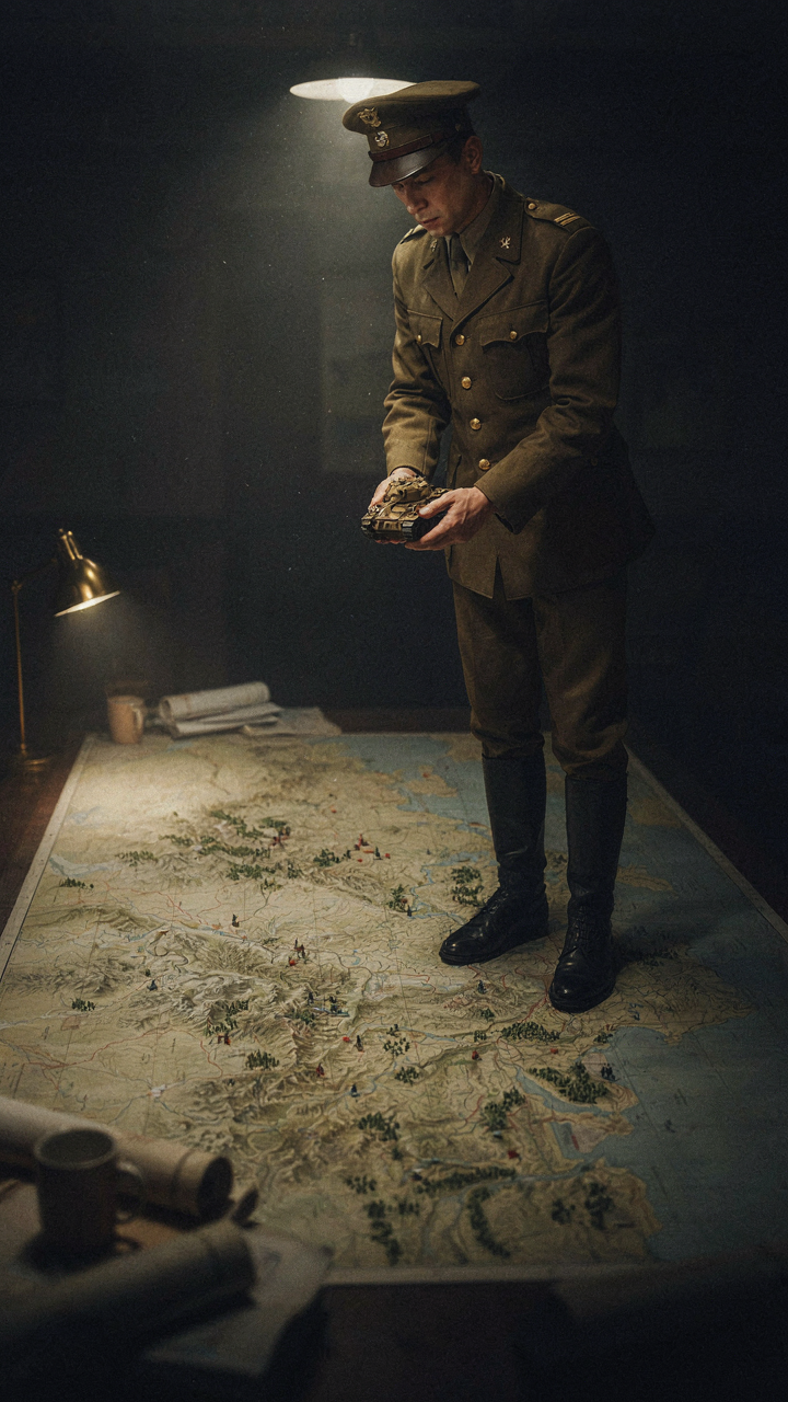 A general moves army pieces on a detailed military map table.