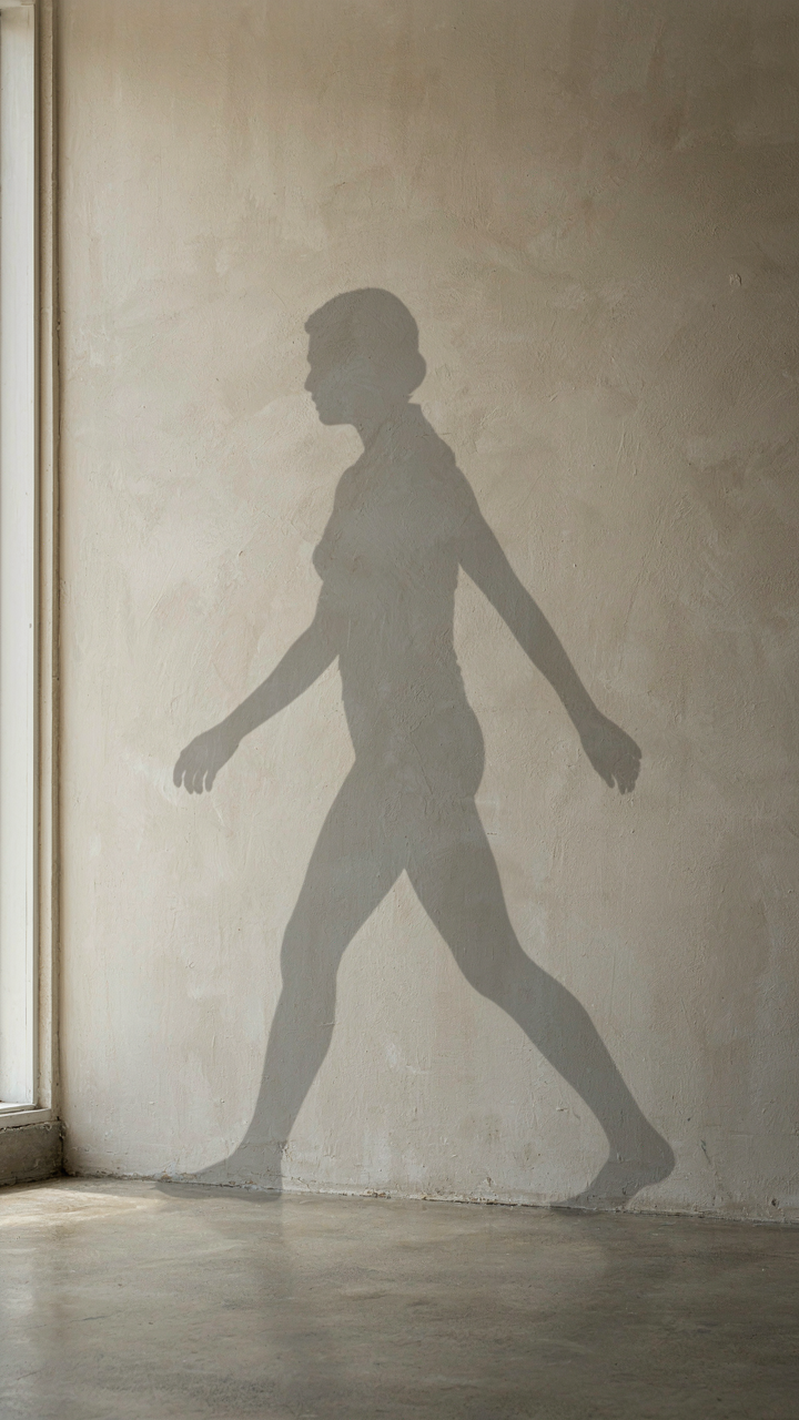 A woman's shadow on a wall shows a shifted center of gravity.