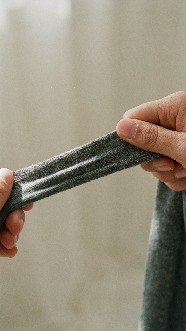 A hand stretches a piece of fabric, showing its elasticity.