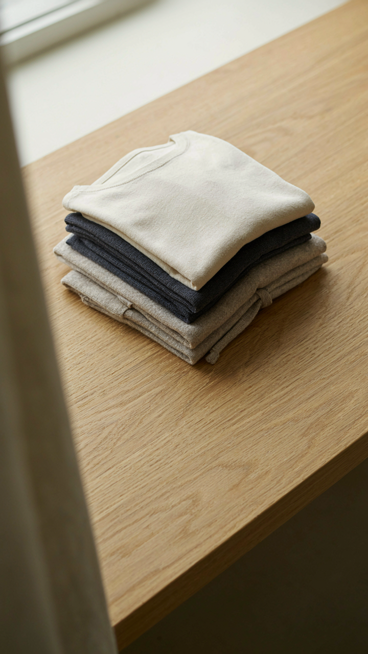 A neat stack of merino wool shirts, leggings, and a cardigan on a wooden surface.