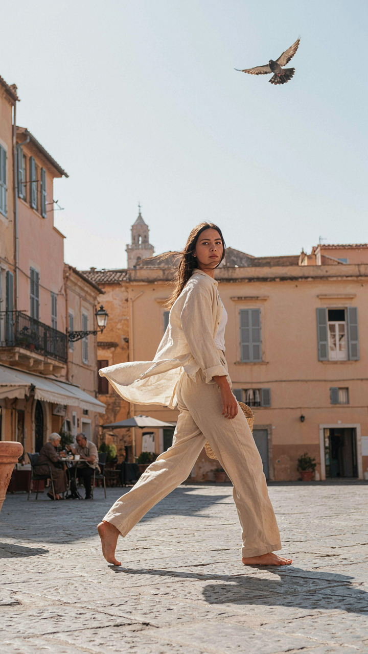 A solo traveler in flowing linen, mid-stride across a sunny square.
