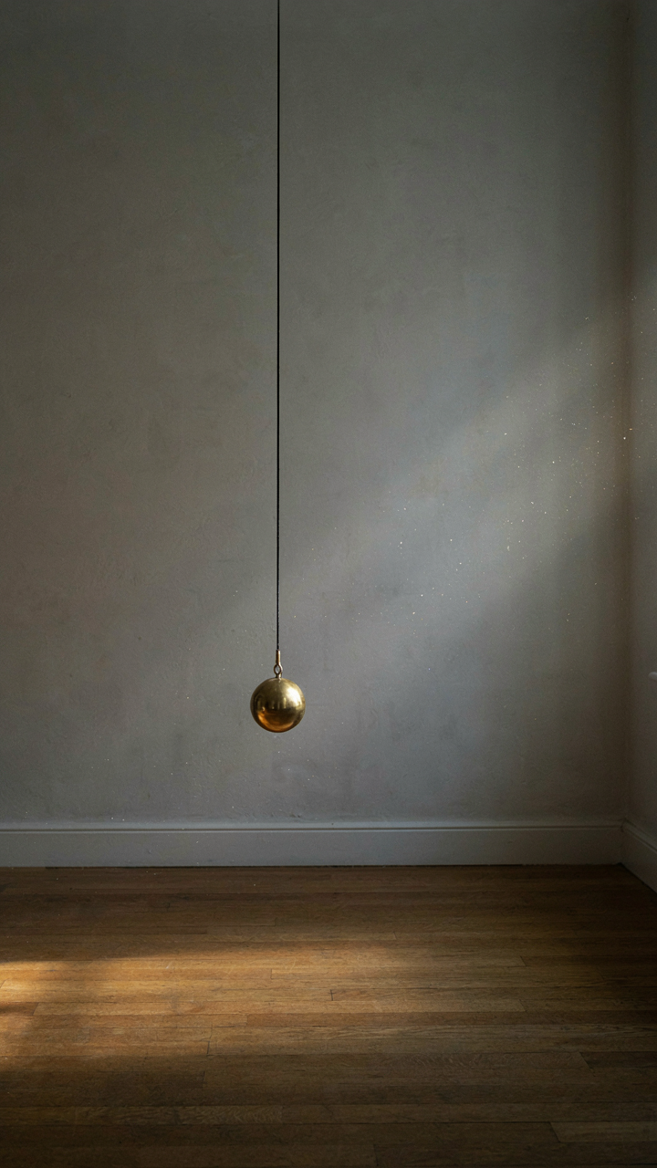 A single pendulum swinging slowly in a quiet room.