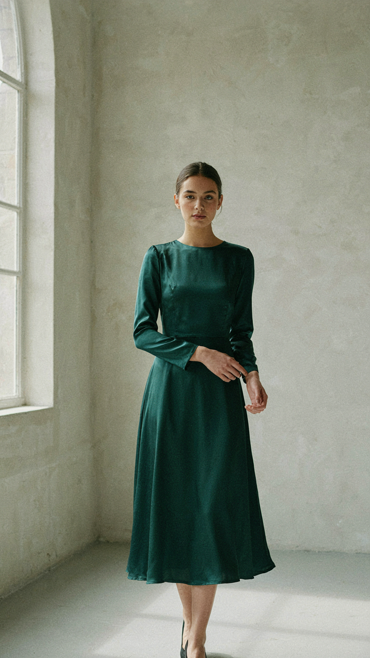 A midi dress with a structured bodice and long sleeves made of silk charmeuse.