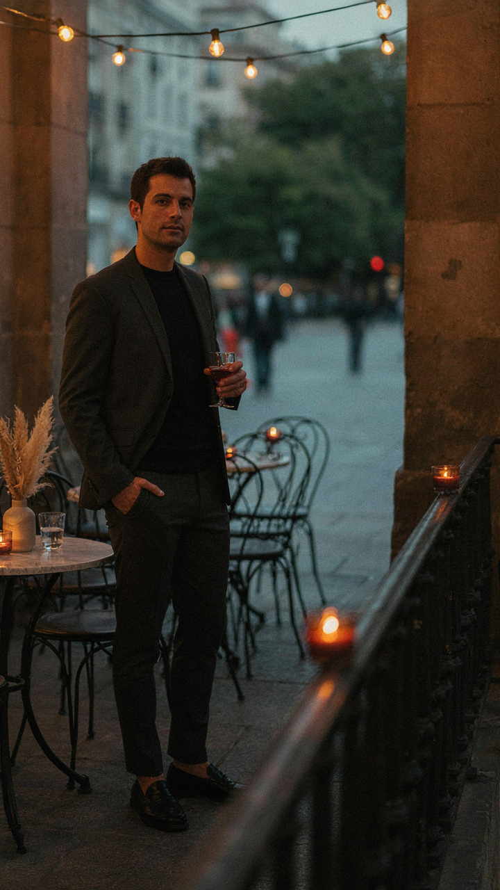 Man in a dark blazer over a tee at an outdoor dining area in Madrid at 9 PM.