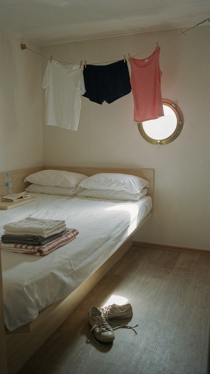 A travel clothesline with quick-drying clothes in a small cruise ship cabin.