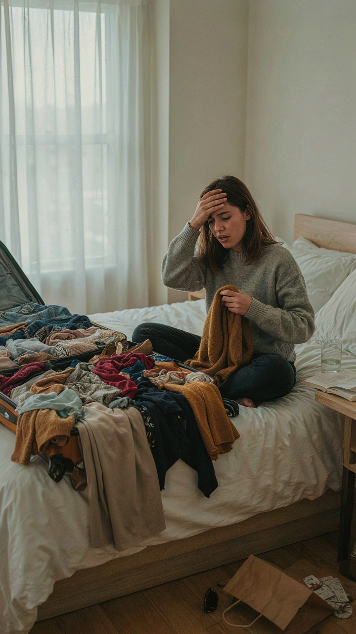 A woman looks frustrated, sitting on a suitcase overflowing with clothes.