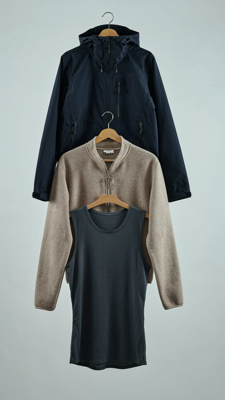 A visual demonstration of three effective clothing layers for cold weather.