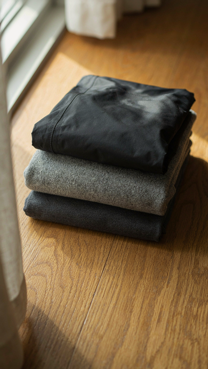 Three neatly folded layers of clothing, a base, a mid, and a shell, on a table.
