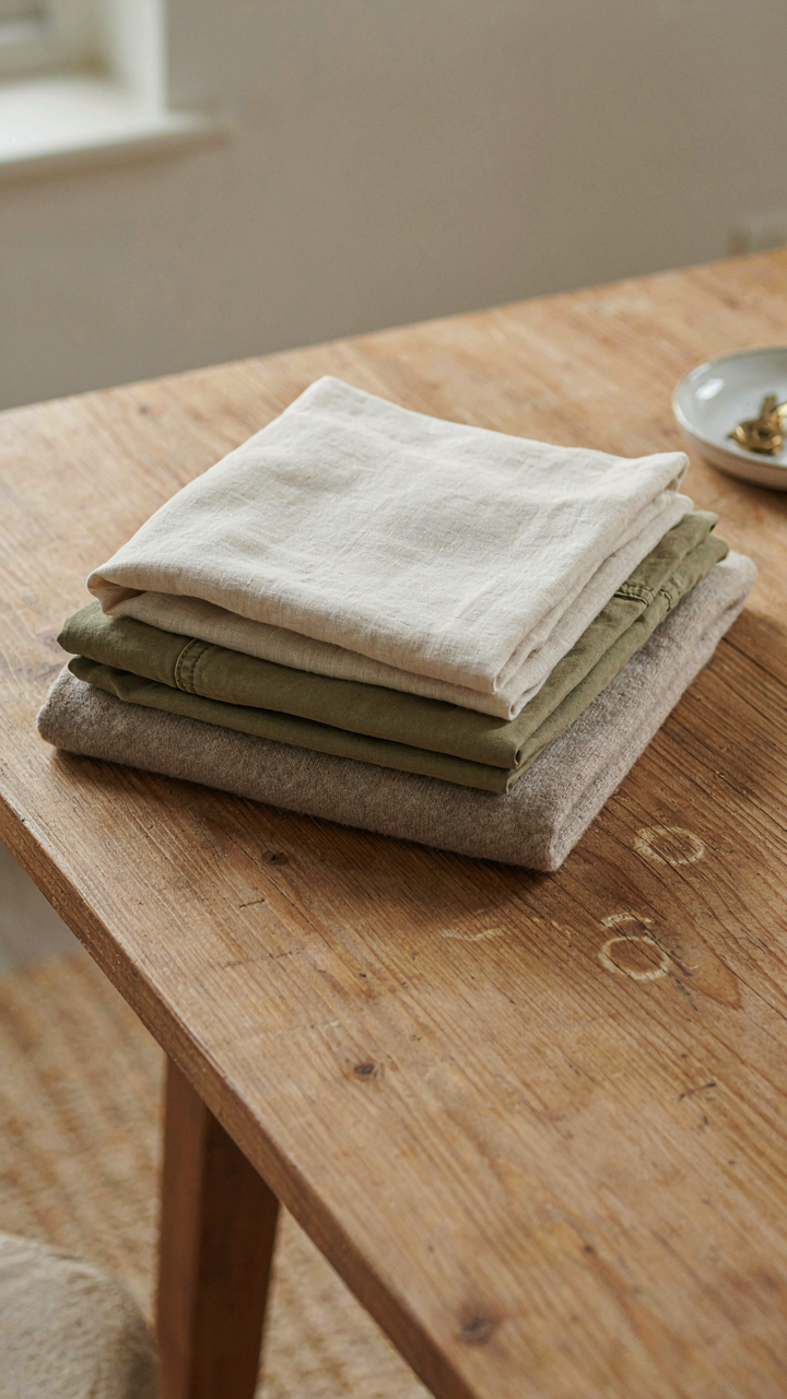 A cream linen shirt, olive cotton shorts, and a merino wool sweater neatly folded.