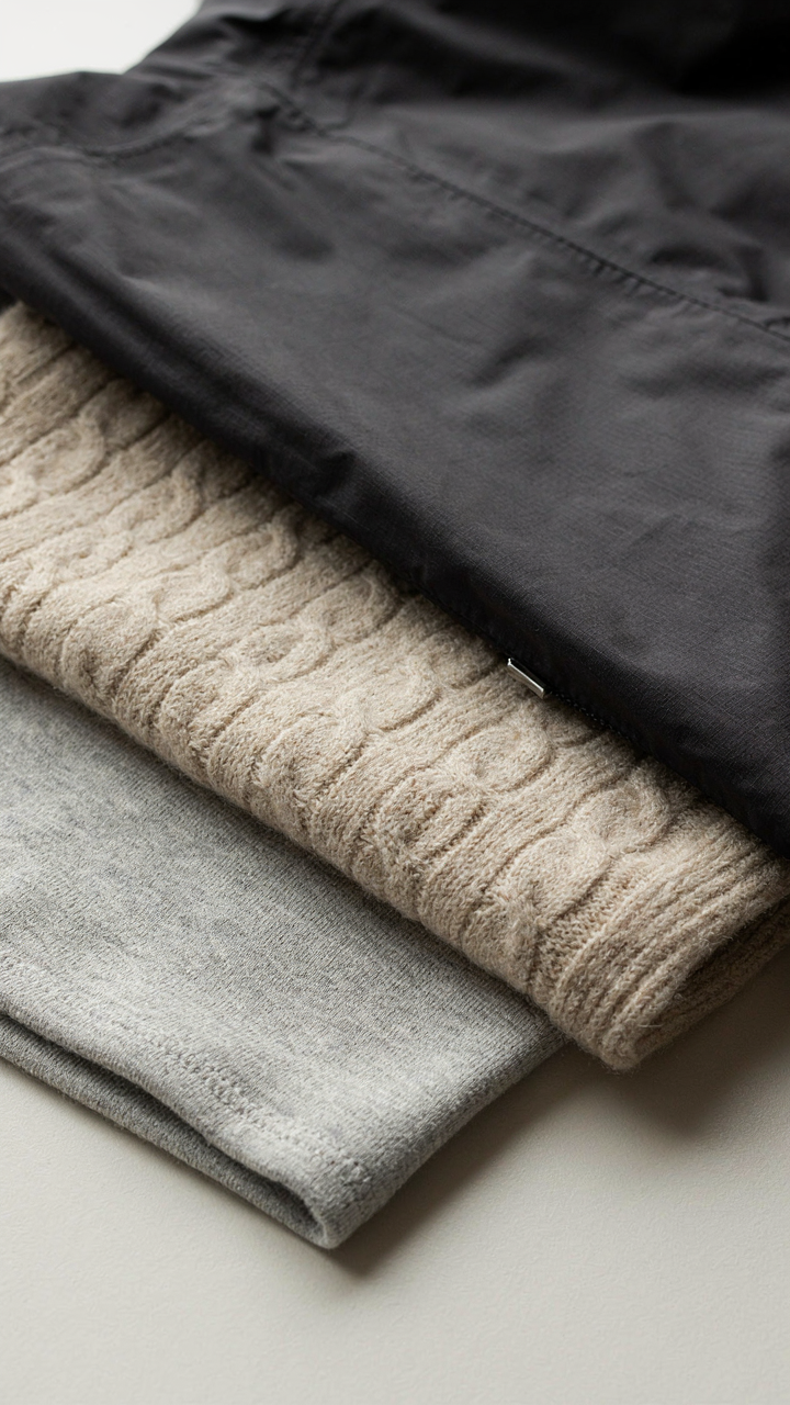 Close-up of a merino wool base layer, a sweater, and a water-resistant jacket folded neatly.