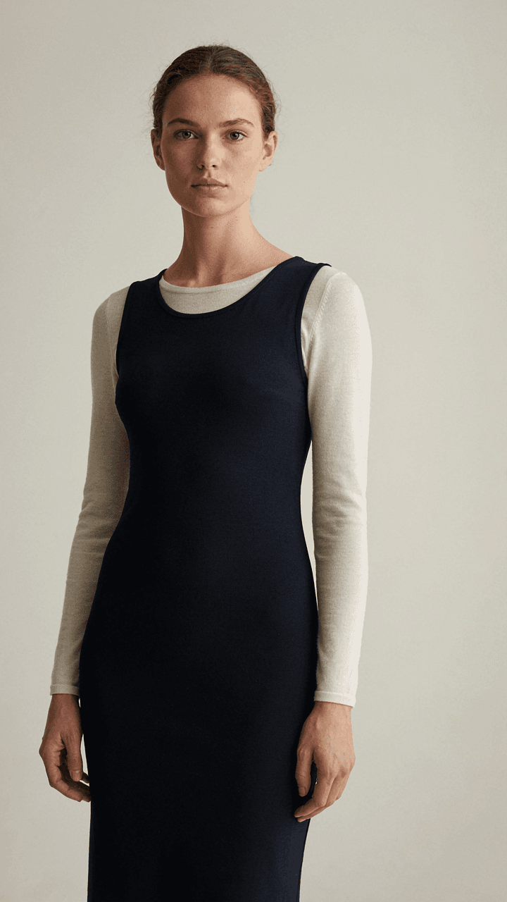 A thin merino base layer is barely visible under a form-fitting navy dress.