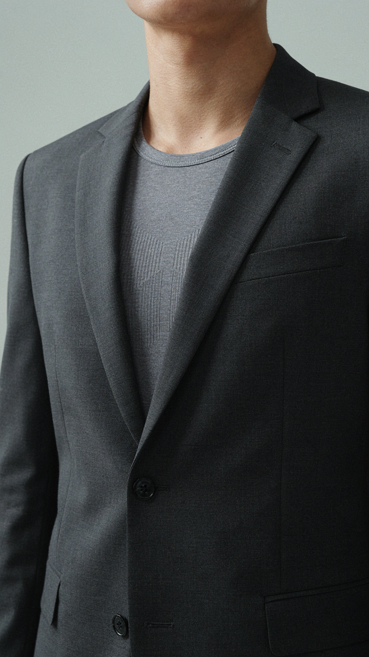 A person wears a tailored blazer over a moisture-wicking base layer.