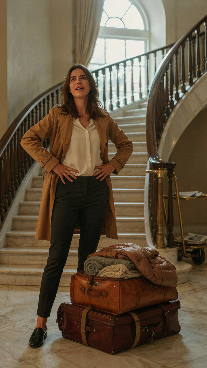 A woman struggles with two large suitcases at the base of a hotel staircase.