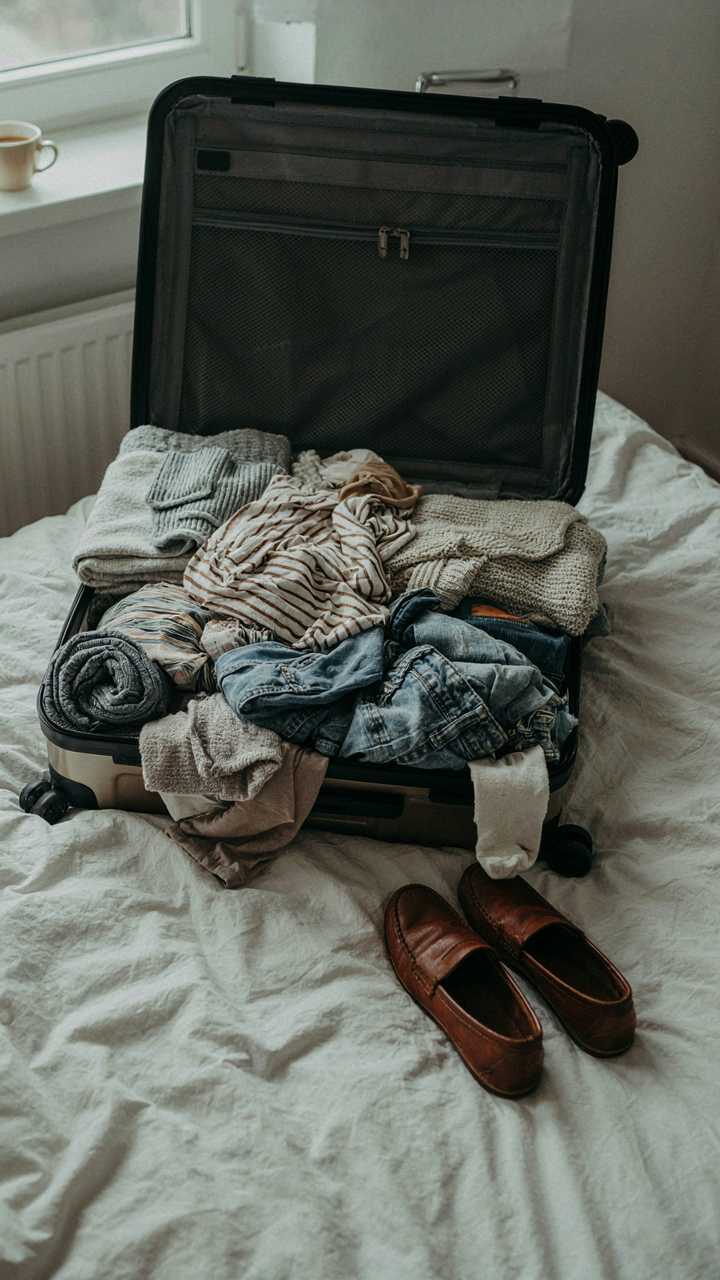 An open suitcase is packed too full, with clothes spilling out the sides.
