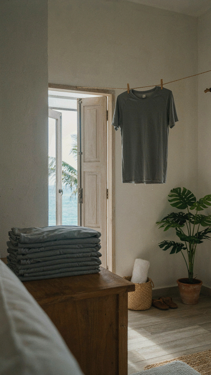 A stack of identical t-shirts and one drying, showing strategic redundancy.