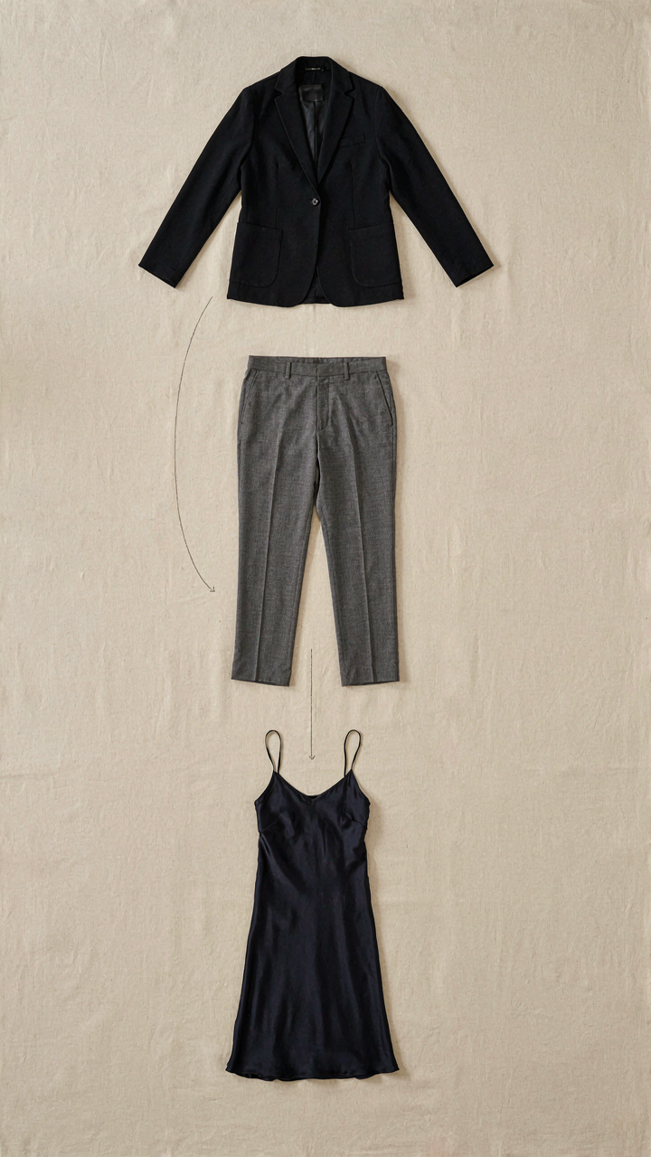 A black blazer, grey trousers, and a navy dress laid out in a grid.
