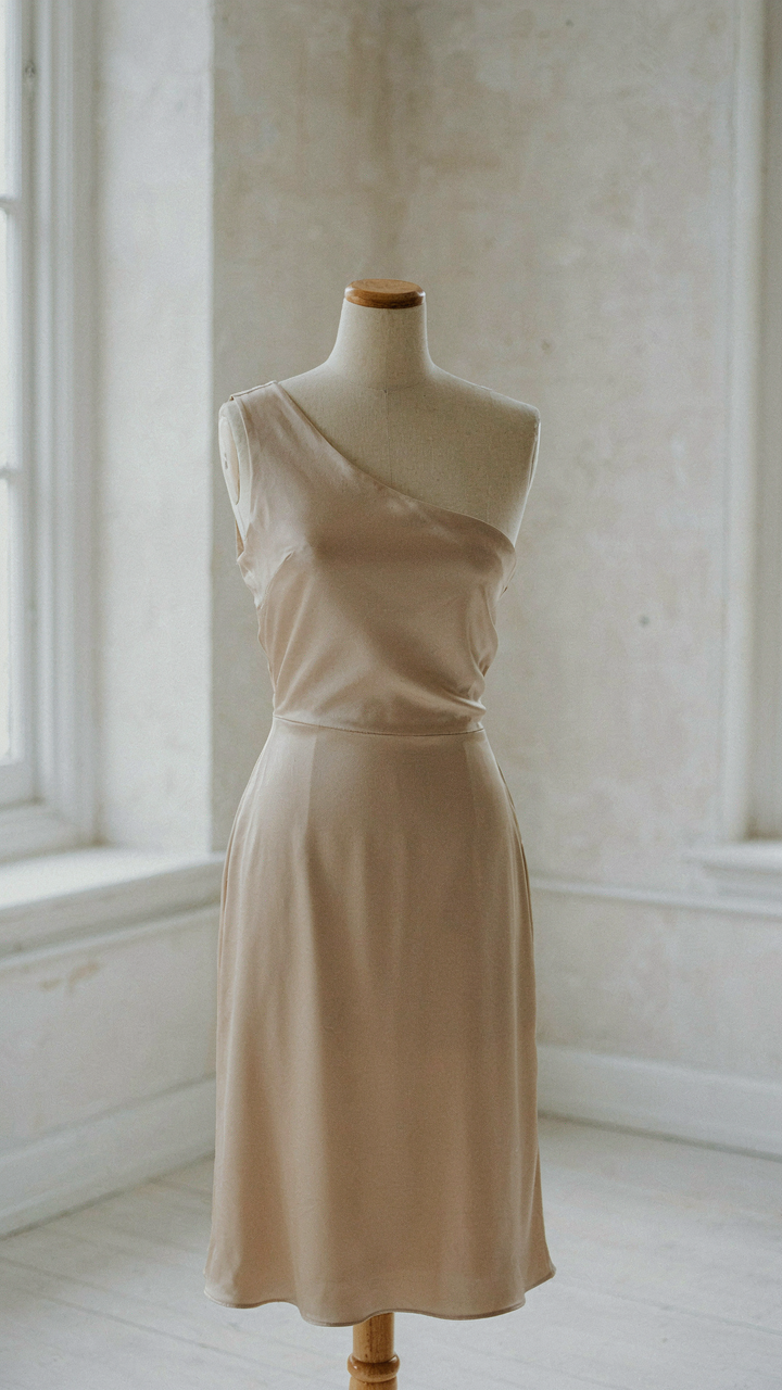 A tailor's dummy wears a perfectly fitted, simple one shoulder cocktail dress.