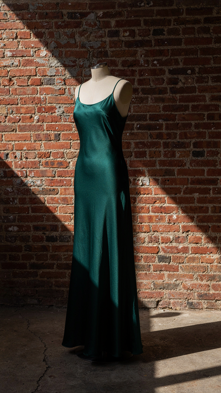 A silk dress on a mannequin is half in sunlight and half in shadow. dress photo ideas outdoor.